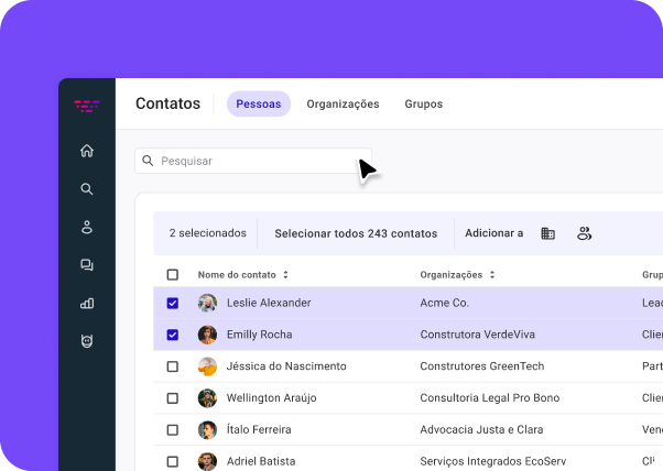 Huggy contact table with the search field and several contacts selected Huggy contact table with the search field and several contacts selected