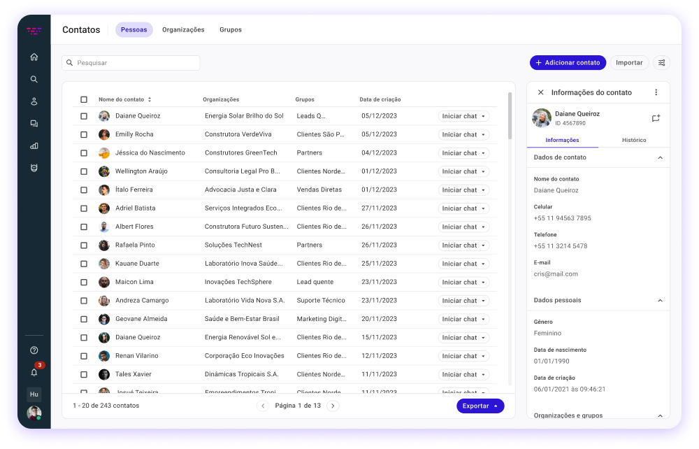 Huggy contact list with the contact information side panel Huggy contact list with the contact information side panel